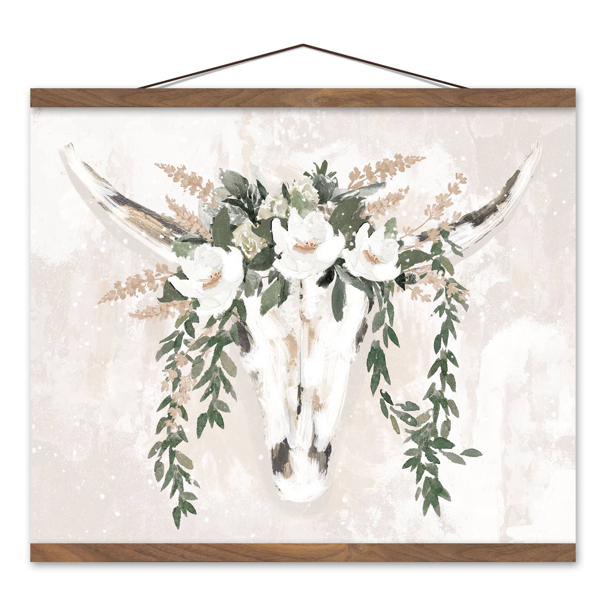 Soft Boho Floral Skull Teak Hanging Canvas